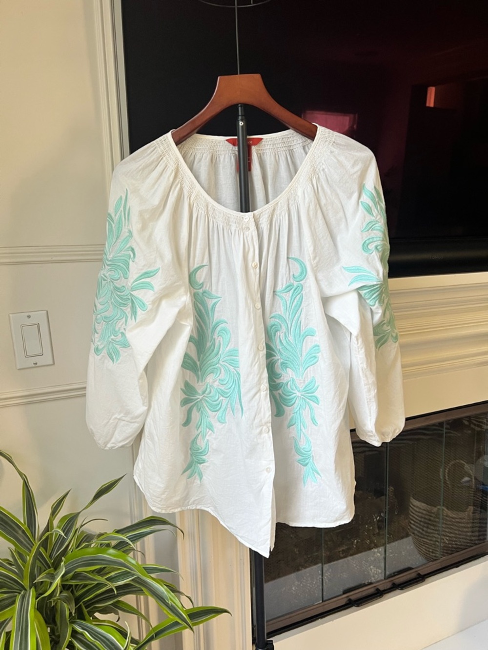 Sundance White Blouse with Turquoise Embroidery